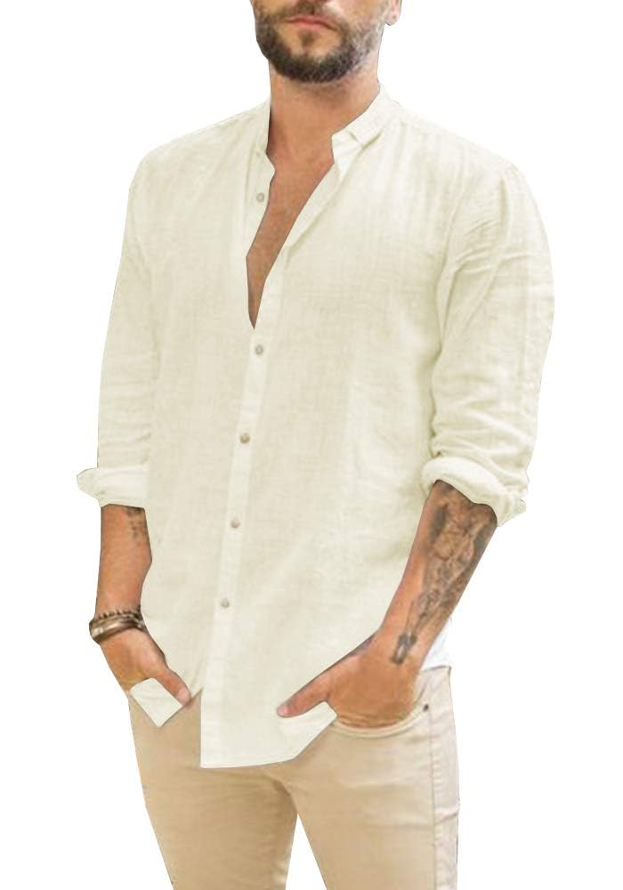 Makkrom Men Linen Shirt Button Down Long Sleeve Cotton Beach Band Collar Casual Summer Shirts - Image 1